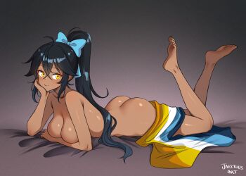 1girl aqua_ribbon arm_support arm_under_breasts ass barefoot black_background black_hair blush breasts butt_crack closed_mouth completely_nude dark-skinned_female dark_skin flag from_side full_body hair_between_eyes hair_ribbon hand_on_own_chin highres jarckius large_breasts long_hair looking_at_viewer lying nude on_bed on_stomach original ponytail ribbon signature simple_background smile soles solo toes very_long_hair yellow_eyes