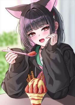 1girl absurdres animal_ears black_choker black_hair black_jacket blue_archive blunt_bangs blush cat080805 cat_ears cat_girl choker colored_inner_animal_ears colored_inner_hair extra_ears food green_sailor_collar halo highres holding holding_spoon jacket kazusa_(blue_archive) looking_at_viewer multicolored_hair neckerchief open_mouth parfait pink_hair pink_halo pink_neckerchief red_eyes sailor_collar short_hair sleeves_past_wrists solo spoon two-tone_hair