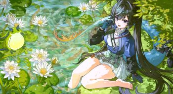 Rule 34 | 1girl, arknights, arknights: endfield, barefoot, black hair, blue gloves, blue jacket, chen qianyu (arknights), commentary, dragon girl, dragon tail, flower, frog, gloves, hand up, highres, ing 0033, jacket, long hair, long sleeves, looking at viewer, mising 0033, mismising 0033, outdoors, skirt, smile, solo, tail, twintails, untranslatable commentary, very long hair, white flower, white skirt