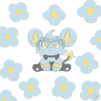 Rule 34 | animal focus, blue flower, commentary request, flower, full body, gen 4 pokemon, head wreath, highres, looking at viewer, mochimaro (infj oekaki), nintendo, no humans, open mouth, pokemon, pokemon (creature), shinx, sitting, solo, yellow eyes