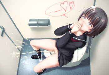 1girl bar_censor bathroom black_footwear black_hair black_legwear black_shirt black_skirt blush censored clothes_lift covering_own_mouth door from_above grey_eyes half-closed_eyes heart highres kuroi96 looking_up neckerchief panties panty_pull peeing peeing_on_wall puddle pussy school_uniform shirt shoes short_hair short_sleeves sitting skirt skirt_lift socks spoken_heart spread_legs toilet toilet_paper toilet_stall toilet_use trembling underwear white_panties you&#039;re_doing_it_wrong