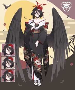 1girl absurdres alternate_costume black_choker black_gloves black_hair black_kimono black_wings blue_archive blush breasts choker ddog feathered_wings floral_print floral_print_kimono flower full_body gloves hair_between_eyes hair_bun hair_flower hair_ornament half_gloves halo hasumi_(blue_archive) highres huge_breasts japanese_clothes kimono long_hair looking_at_viewer multiple_views nail_polish obi print_kimono red_eyes red_flower red_halo sash single_glove standing trinity_general_school_logo very_long_hair white_flower wings