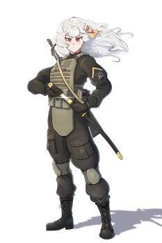 absurdres alpha_(alpha_1918) an-94 assault_rifle belt belt_pouch black_gloves blush boots cargo_pants chevron_(symbol) clenched_hand combat_boots commission commissioner_upload cross first_aid_kit floating_hair fluffkaiser fluffy_hair full_body furrowed_brow gloves gun hair_ornament hat highres holding holding_sword holding_weapon imperial_russian_flag insignia jacket knee_pads lace-up_boots long_hair military_combat_uniform military_fatigues military_hat military_jacket military_uniform name_tag narrowed_eyes non-web_source original orthodox_cross pants patch pouch red_eyes rifle rock russia russian_empire russian_flag russo-ukrainian_war shashka sheath sitting solo sputnik_and_pogrom standing submachine_gun sword unsheathing weapon white_background white_hair