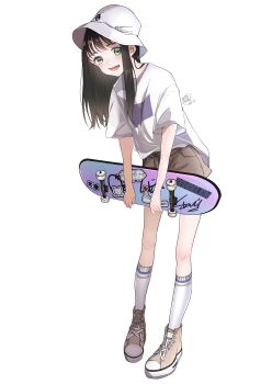 1girl :d absurdres akabuchi_megane artist_name blush brown_hair brown_shoes brown_shorts bucket_hat choppy_bangs commentary_request dated full_body green_eyes hat high_tops highres holding holding_skateboard kneehighs leaning_to_the_side long_hair looking_at_viewer open_mouth original shirt shirt_partially_tucked_in shoes short_shorts short_sleeves shorts sidelocks signature simple_background skateboard smile sneakers socks solo standing sticker t-shirt white_background white_hat white_shirt white_socks