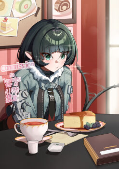 1girl :/ absurdres afterimage animal_ears black_hair black_necktie blue_eyes blueberry blush book cheese closed_mouth commentary commission cup english_commentary food fork fruit fur-trimmed_jacket fur_trim grey_jacket grey_tail highres indoors jacket jane_doe_(zenless_zone_zero) leaf long_hair long_tail looking_at_food motion_lines mouse_ears mouse_girl mouse_tail multicolored_hair necktie painting_(object) picture_frame plate red_hair red_necktie sharp_tail solo sparkle table tail two-tone_necktie upper_body window yger zenless_zone_zero