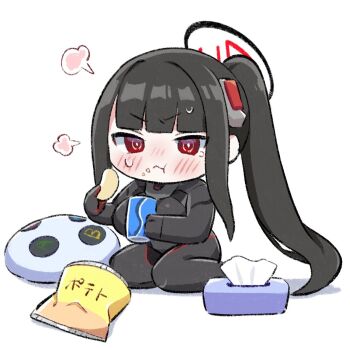 1girl black_hair blue_archive blush breasts chewing chibi chibi_only commentary_request eating food food_in_mouth food_on_face halo harunatsu_(nekoneko_haruka) highres holding holding_food large_breasts long_hair official_alternate_costume official_alternate_hairstyle ponytail red_eyes rio_(armed)_(blue_archive) rio_(blue_archive) simple_background sitting solo tissue tissue_box white_background