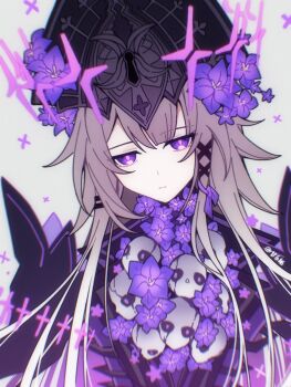 1girl alternate_universe bad_end brown_hair cross doll flower ganleneng hair_ornament hair_ribbon hairclip hat head_tilt herta_(honkai:_star_rail) highres honkai:_star_rail honkai_(series) irontomb lock long_hair looking_at_viewer parallel_hairclips purple_eyes purple_flower ribbon the_herta_(honkai:_star_rail) very_long_hair white_background x_hair_ornament