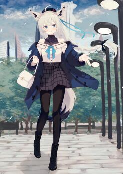 Rule 34 | absurdres, animal ears, azur lane, bag, bare shoulders, belt, black bow, black hat, black pantyhose, black shoes, blue bow, blue eyes, boots, bow, braid, coat, fox ears, fox girl, fox tail, full body, hair bow, handbag, hat, highres, jewelry, kawakaze (azur lane), light smile, long hair, long sleeves, natsuki (natsu 1936), necklace, open clothes, open coat, outdoors, pantyhose, pleated skirt, shirt, shoes, skirt, tail, valentine, white hair, white shirt