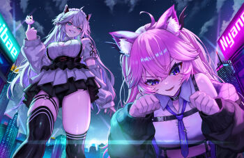 2girls ahoge animal_ear_fluff animal_ears black_jacket black_sky black_thighhighs breasts cat_ears cat_girl censored censored_gesture character_name cleavage closed_mouth cloud collared_shirt demon_girl demon_horns dress fang frilled_dress frills grey_hair highres horns indie_virtual_youtuber jacket large_breasts looking_at_viewer maid_headdress middle_finger multiple_girls nyatasha_nyanners o-ring o-ring_thigh_strap open_mouth paw_pose pink_hair shirt skin_fang sky smile thigh_strap thighhighs vei_(vtuber) virtual_youtuber white_dress white_shirt yjyj_2045 zettai_ryouiki