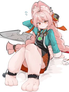1girl absurdres ahoge animal_ear_fluff animal_ear_piercing animal_ears animal_feet anklet arm_behind_head arm_support blush braid braided_twintails bright_pupils cain_lk commentary_request fallen_down flying_sweatdrops furry furry_female green_shirt highres jewelry long_hair looking_at_viewer parted_lips pink_fur pink_hair rabbit_ears rabbit_girl rabbit_tail red_eyes screw shirt short_eyebrows simple_background smile solo sword tail thick_eyebrows weapon white_background white_pupils zenless_zone_zero zhao_(zenless_zone_zero)