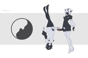 Rule 34 | 2futa, black arm warmers, black hair, black skin, black thighhighs, blue eyes, breasts, cock ring, colored skin, commentary, erection, full body, futa with futa, futanari, high heels, highres, large penis, multiple futa, navel, nipple piercing, nipple rings, nipples, original, penis, penises touching, piercing, red eyes, sex toy, short hair, small breasts, symbol-only commentary, tailbox, testicles, thighhighs, white arm warmers, white hair, white skin, white thighhighs, wide hips, yin yang