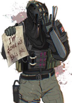 Rule 34 | 1boy, belt, black belt, black gloves, black jacket, blood, blood splatter, bulletproof vest, call of duty, combat helmet, commentary, cowboy shot, english text, gloves, green eyes, green gloves, green pants, hand over eye, helmet, highres, holding, holding paper, holster, jacket, kb3 hana, konig (call of duty), load bearing vest, looking at viewer, male focus, multicolored gloves, one eye covered, pants, paper, simple background, solo, symbol-only commentary, tactical clothes, thigh holster, white background