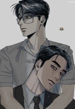 Rule 34 | 2boys, adam's apple, black hair, black jacket, black necktie, cheong (moku 0514), closed mouth, collared shirt, commentary request, curtained hair, emoji, forehead, grey background, hair slicked back, highres, jacket, karaoke iko!, looking ahead, looking at viewer, male focus, multiple boys, muted color, narita kyouji, necktie, oka satomi, open collar, orange eyes, profile, rectangular eyewear, semi-rimless eyewear, shirt, short hair, short sleeves, sideburns, suit jacket, tears, tears from one eye, thick eyebrows, turning head, under-rim eyewear, very short hair, white shirt, wing collar