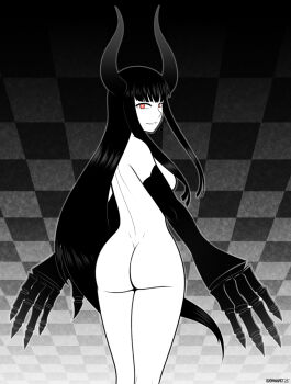1girl ass ass_focus black_gold_saw black_rock_shooter breasts checkered_background completely_nude deadmann_artworks fingernails highres horns large_breasts light_smile long_hair looking_at_viewer monochrome nude red_eyes sharp_fingernails skeletal_hand