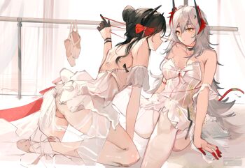 2girls absurdres alternate_costume alternate_hair_length alternate_hairstyle arknights ballet_dress ballet_slippers black_gloves black_hair bow demon_horns dress finger_cots gloves grey_hair hair_between_eyes hair_bow half_gloves highres horns ines_(arknights) long_hair looking_at_another multiple_girls off-shoulder_dress off_shoulder red_bow saturn_(saturn_illus) sitting string string_around_finger string_around_neck string_of_fate string_pull very_long_hair w_(arknights) white_dress yellow_eyes yuri