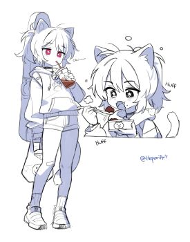 1girl absurdres bag bandaid bandaid_on_knee bandaid_on_leg cat cat_girl cat_tail choker closed_mouth cup drinking_straw drinking_straw_in_mouth eating fangs greyscale hepari highres holding holding_bag holding_cup holding_spoon hood hood_down hoodie ice ice_cube instrument_case instrument_case_on_back long_sleeves monochrome open_mouth original pink_eyes ponytail shoes short_hair short_ponytail short_shorts shorts simple_background sneakers socks solo spoon spot_color star-shaped_pupils star_(symbol) symbol-shaped_pupils tail twitter_username watch white_background wristwatch