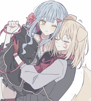 2girls animal_ears aver_(yumenokessho) bang_dream! bang_dream!_it's_mygo!!!!! black_cape blue_hair borrowed_clothes bow cape closed_mouth commentary_request dog_ears dog_girl dog_tail doloris_(bang_dream!) grey_shirt hair_ornament hairclip highres hug kemonomimi_mode korean_commentary misumi_uika multiple_girls one_eye_closed red_bow shirt sweets_paradise tail togawa_sakiko uis410 yellow_eyes yumenokessho yuri