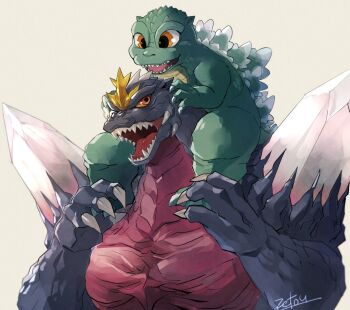 age_difference alien carrying claws colored_sclera crest crystal dinosaur ears giant giant_monster godzilla_(series) godzilla_vs._spacegodzilla grey_background horns kaiju little_godzilla monster no_humans open_mouth orange_eyes piggyback pointy_ears red_eyes sharp_teeth shoulder_spikes simple_background size_difference smile space_monster spacegodzilla spikes tail teeth toho tongue tsk03 tusks uncle_and_nephew yellow_sclera