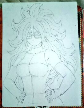 Rule 34 | android 21, breasts, dragon ball, dragon ball fighterz, dress, ear piercing, earrings, glasses, graphite (medium), hair between eyes, hands on own hips, jewelry, large breasts, lineart, long hair, looking at viewer, photo (medium), piercing, ring, short dress, short sleeves, sidelocks, sketch, tight clothes, traditional media, turtlez, yami danight