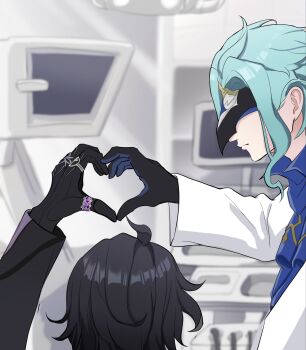2boys arm_up ascot black_gloves black_hair black_mask black_shirt blue_ascot blue_gloves blue_hair blue_shirt blurry blurry_background closed_mouth coat commentary_request covered_eyes dottore_(genshin_impact) eye_mask from_side gem genshin_impact gloves hand_up heart heart_hands highres indoors jewelry lab_coat laboratory liv1122332 long_sleeves male_focus mask monitor multiple_boys multiple_rings pantalone_(genshin_impact) purple_gem ring shirt short_hair two-sided_gloves wavy_hair white_coat yaoi