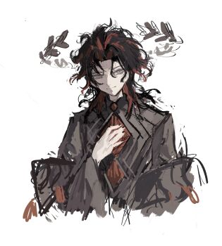 1boy absurdres black_hair black_nails crown curly_hair dante_alighieri_(fate) dante_alighieri_(third_ascension)_(fate) fate/grand_order fate_(series) floating_crown grey_eyes hand_on_own_chest highres laurel_crown loka60355 long_sleeves looking_at_viewer male_focus medium_hair multicolored_hair red_hair shirt simple_background sketch smile solo two-tone_hair upper_body white_background