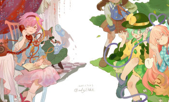 5girls ? antique_phone black_hat blue_shirt bow braid brown_hair cellphone chair checkered_clothes checkered_shirt dress extra_ears frilled_sleeves frills glasses green_dress green_hair green_skirt hat hat_bow hat_ribbon hata_no_kokoro heart heart_of_string highres iphone kaenbyou_rin komeiji_koishi komeiji_satori multiple_girls nengo one_eye_closed open_mouth out_of_frame phone pink_hair pink_skirt red_hair red_skirt ribbon rotary_phone shirt sitting skirt skull smartphone smile speech_bubble spoken_question_mark table third_eye thought_bubble touhou twin_braids usami_sumireko wide_sleeves yellow_bow yellow_ribbon