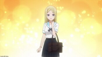 1girl animated animated_gif anime_screenshot bag black_neckerchief blonde_hair blue_eyes blue_sailor_collar blue_skirt blush braid breast_pocket breasts brown_bag collarbone dot_nose female_focus hayasaka_ai heart heart_(symbol) japanese_text kaguya-sama_wa_kokurasetai_~tensai-tachi_no_renai_zunousen~ legs long_hair medium_breasts midriff miniskirt navel neckerchief one_eye_closed open_mouth pleated_skirt pocket sailor_collar school_bag school_uniform serafuku sexually_suggestive short_sleeves skirt smithee_a._haysaca solo solo_focus stomach thighs translation_request watch white_serafuku wink