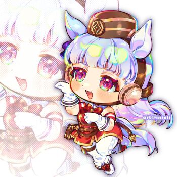 Rule 34 | 1girl, animal ears, armband, belt pouch, blunt bangs, blush, boots, bow, bowtie, breasts, brown hat, chibi, chibi only, dress, ear bow, ear ribbon, gloves, gold ship (red strife) (umamusume), gold ship (umamusume), grey hair, hat, horse ears, horse girl, horse pose, horse tail, inioli, leggings, long hair, open mouth, pantyhose, pillbox hat, pouch, purple bow, purple eyes, red bow, red dress, sleeveless, sleeveless dress, smile, striped armband, striped clothes, tail, thigh strap, umamusume, white gloves, white leggings, white pantyhose, zoom layer