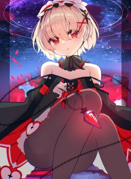 1girl arcaea bare_shoulders black_pantyhose black_ribbon blonde_hair clover_39 collarbone commentary_request crystal detached_collar double_strap_slip dress feet_out_of_frame field flower flower_field frilled_hairband frills hair_between_eyes hair_ornament hairband highres looking_at_viewer neck_ribbon night night_sky outdoors pantyhose parted_lips red_eyes red_flower red_petals ribbon short_hair sky solo tearing_up tombstone vita_(arcaea) x_hair_ornament