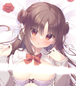 Rule 34 | 1girl, :o, bed sheet, blazer, blush, bow, bow bra, bra, bra pull, breasts, breasts out, brown eyes, brown hair, clothes pull, collared shirt, commentary request, dakimakura (medium), double bun, dress shirt, flower, grey jacket, hair between eyes, hair bow, hair bun, hands up, jacket, light censor, long hair, long sleeves, looking at viewer, medium breasts, off shoulder, open clothes, open jacket, original, parted lips, purple bra, red bow, red flower, shirt, sleeves past wrists, solo, underwear, upper body, white bow, white shirt, yukie (peach candy)
