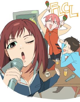 Rule 34 | > <, 1boy, 1girl, 2girls, bags under eyes, black pants, blue jacket, blue shirt, brown eyes, brown hair, commentary request, copyright name, flcl, hair between eyes, haruhara haruko, highres, holding, holding instrument, holding maracas, holding microphone, hood, hood down, hoodie, instrument, jacket, juice, karaoke, lips, long sleeves, looking at viewer, maracas, microphone, multiple girls, music, nandaba naota, one eye closed, open mouth, orange juice, pants, pink hair, red hair, red jacket, rinami456, sailor collar, samejima mamimi, school uniform, serafuku, shirt, short hair, singing, sleeveless, sleeveless jacket, smile, white sailor collar