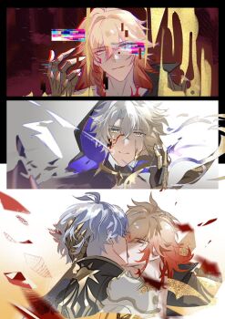 Rule 34 | 2boys, antenna hair, armlet, armor, black choker, black cloak, black coat, black shirt, blonde hair, blood, blue eyes, braid, choker, clawed gauntlets, cloak, coat, commentary, crystal, facial tattoo, flame reaver of the deepest dark, gradient hair, honkai: star rail, honkai (series), hood, hood up, hooded cloak, jewelry, kiss, male focus, medium hair, multicolored hair, multiple boys, mydei (honkai: star rail), neck tattoo, open clothes, open coat, parted bangs, pauldrons, phainon (honkai: star rail), red hair, red tattoo, shirt, short hair, shoulder armor, side braid, single pauldron, sun symbol, sun tattoo, tan, tattoo, white hair, xiaozongcai521, yaoi, yellow blood, yellow eyes