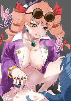 1futa 1girl :d bar_censor blue_hair blush breasts brown_hair censored coat drill_hair earrings female_pubic_hair futa_with_female futanari hair_ribbon hat highres incest jewelry large_breasts mooui multiple_rings naked_coat necklace nipple_stimulation nipple_tweak nipples open_mouth pendant penis pubic_hair ribbon ring sex siblings sisters small_breasts smile sunglasses sweat top_hat touhou yorigami_jo'on yorigami_shion