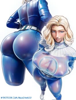 1girl ass back belt blonde_hair blue_bodysuit blue_eyes bodysuit boots fantastic_four full_body gloves highres marvel marvel_rivals mika_dawn nipples patreon_logo patreon_username see-through_clothes shiny_skin skin_tight solo sue_storm white_background white_belt white_boots white_gloves