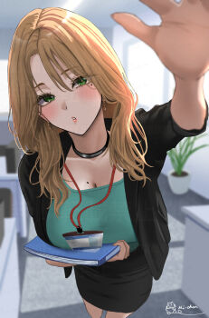 1girl aqua_shirt artist_name black_choker black_jacket black_skirt blonde_hair blurry blurry_background breasts choker cleavage collarbone commentary_request depth_of_field earrings foreshortening green_eyes highres holding holding_file id_card indoors jacket jewelry lanyard large_breasts looking_at_viewer michan127neko mole mole_on_breast mole_under_eye office office_lady original parted_lips pencil_skirt reaching reaching_towards_viewer shirt signature skirt solo watermark watermark_grid