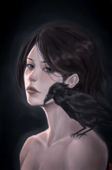 1girl absurdres aegyo_sal animal animal_on_shoulder bird black_hair blue_eyes breasts cleavage commentary crow english_commentary expressionless highres jet_(shadow_slave) l3xarts_17 looking_at_viewer portrait shadow_slave short_hair topless_female