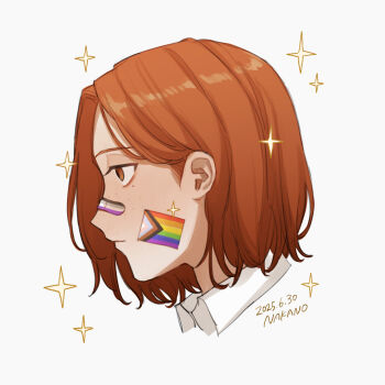 1other androgynous asexual_flag bandaid bandaid_on_face bandaid_on_nose commentary cropped_head english_commentary freckles from_side hair_behind_ear highres lgbt_pride medium_hair nakano_kaworu orange_eyes orange_hair original other_focus pride_month progress_pride_flag rainbow_flag signature solo sparkle sticker sticker_on_face