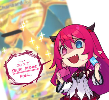 1girl :d @_@ black_bow black_bowtie blue_eyes bow bowtie cellphone censored censored_identity charizard chibi chibi_only commentary dasdokter english_commentary english_text fangs gen_1_pokemon hair_between_eyes heterochromia holding holding_phone hololive hololive_english horns irys_(hololive) irys_(irys_2.0)_(hololive) long_hair multicolored_hair nail_polish nintendo open_mouth phone pink_hair pink_nails pointy_ears pokemon pokemon_(creature) red_eyes red_hair shaded_face smartphone smile solo sparkle speech_bubble two-tone_hair very_long_hair virtual_youtuber wide_sleeves