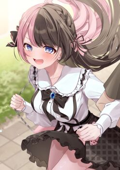 Rule 34 | 1girl, 1other, absurdres, ambiguous gender, bib collar, black bow, black bowtie, black hair, black skirt, blue eyes, blue gem, blurry, blurry background, blush, bow, bowtie, braid, breasts, brooch, clenched hands, clothes lift, collared shirt, commentary request, cowboy shot, day, depth of field, floating hair, frilled shirt collar, frills, gem, hair bow, hands up, highres, jewelry, large breasts, locked arms, long hair, long sleeves, looking at viewer, miniskirt, multicolored hair, open mouth, out of frame, outdoors, parted bangs, pink bow, pink hair, shagaihi, shirt, shirt tucked in, skirt, skirt bow, skirt lift, solo focus, split-color hair, standing, tachibana hinano, two-tone hair, v-shaped eyebrows, virtual youtuber, vspo!, white bow, white shirt, wind, wind lift