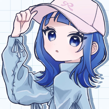 1girl adjusting_clothes adjusting_headwear aomi_(user_dwmu4274) baseball_cap blue_eyes blue_hair blue_shirt casual commentary cut_bangs from_side hat highres hirogaru_sky!_precure long_sleeves looking_at_viewer medium_hair official_alternate_costume open_mouth pink_hat precure shirt solo sora_harewataru upper_body