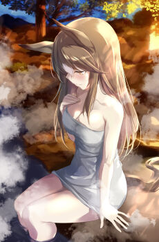 1girl absurdres bare_shoulders breasts brown_eyes brown_hair cleavage closed_mouth collarbone colored_tips fine_motion_(umamusume) hair_down hand_on_own_chest highres horse_girl horse_tail long_hair looking_down medium_breasts multicolored_hair naked_towel onsen sitting smile soaking_feet solo steam tail towel tree two-tone_hair umamusume uu-tan_(hushigi10) white_hair