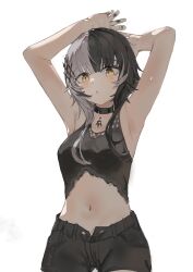 Rule 34 | 1girl, :o, absurdres, alternate costume, armpits, arms behind head, arms up, bare arms, black choker, black hair, black nails, black shorts, black tank top, blunt bangs, blush, breasts, choker, collarbone, cowboy shot, crop top, dimas (dimas79756948), from below, grey hair, hair ornament, hashtag-only commentary, highres, hololive, hololive english, long hair, looking at viewer, looking down, medium breasts, multicolored hair, navel, open fly, parted lips, shiori novella, short shorts, shorts, sidelocks, simple background, solo, split-color hair, streaked hair, tank top, thick eyelashes, virtual youtuber, white background, yellow eyes