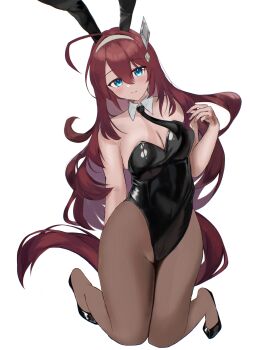 Rule 34 | 1girl, absurdres, animal ear hairband, animal ears, black leotard, black necktie, black shoes, blush, breasts, brown hair, brown pantyhose, brown tail, cleavage, closed mouth, commentary request, detached collar, fake animal ears, hair between eyes, hairband, hand up, high heels, highleg, highleg leotard, highres, horse ears, horse girl, horse tail, kneeling, large breasts, latex, latex leotard, leotard, long hair, looking at viewer, mihono bourbon (umamusume), necktie, pantyhose, playboy bunny, rabbit ear hairband, rabbit ears, shoes, simple background, solo, strapless, strapless leotard, tail, umainu 2002, umamusume, white background