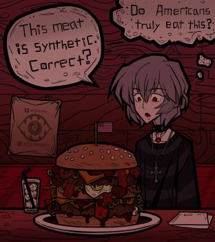 1girl alternate_costume american_flag ayanami_rei bisotin_(bisobisobro) black_collar blue_hair burger collar commentary cross cross_necklace drink drooling english_commentary english_text food hair_between_eyes heart heart_necklace highres ice ice_cube jewelry long_sleeves looking_at_food necklace neon_genesis_evangelion red_eyes restaurant short_hair solo speech_bubble striped_clothes striped_sweater sweater thought_bubble too_much_burger too_much_food