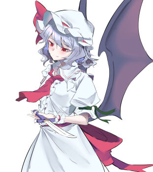 1girl ascot bat_wings blue_hair collared_shirt frilled_shirt_collar frills hair_between_eyes hat hat_ribbon highres holding holding_knife kanaria_(bcomn) knife mob_cap pink_hat pink_shirt pink_skirt puffy_short_sleeves puffy_sleeves red_ascot red_eyes red_ribbon remilia_scarlet ribbon shirt short_hair short_sleeves simple_background skirt solo touhou white_background wings wrist_cuffs