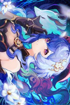 1girl ahoge bare_shoulders bell blue_hair breasts detached_sleeves dress eun_yelim ganyu_(genshin_impact) ganyu_(qilin)_(genshin_impact) ganyu_(twilight_blossom)_(genshin_impact) genshin_impact glaze_lily gloves gradient_clothes gradient_dress hair_ornament highres horns long_hair looking_at_viewer neck_bell official_alternate_costume official_alternate_hairstyle purple_eyes qilin_(mythology) see-through_cleavage see-through_clothes smile teeth