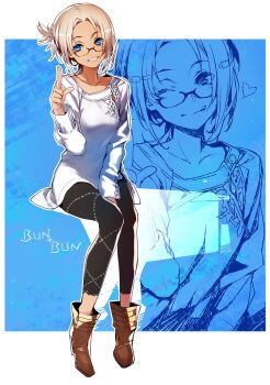 1girl black_leggings blonde_hair blue_eyes boots breasts brown_boots bunbun commentary_request dress full_body glasses heart highres invisible_chair leggings medium_breasts one_eye_closed original pointing ponytail red-framed_eyewear short_dress short_ponytail signature sitting smile tan tongue tongue_out variant_set white_dress