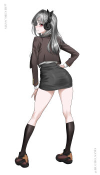 1girl absurdres animal_ear_headphones animal_ears ass black_skirt black_socks blazer brown_jacket bucho_sama cat_ear_headphones cat_ears commentary_request fake_animal_ears goddess_of_victory:_nikke grey_hair hand_on_own_hip headphones highres jacket kneehighs looking_at_viewer modernia_(nikke) pencil_skirt red_eyes school school_uniform shoes simple_background skirt sneakers socks solo white_background