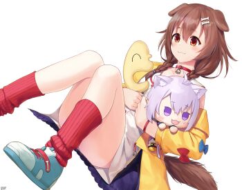 1girl absurdres animal_collar animal_ears belt_collar blue_shoes bone_hair_ornament braid braided_twintails brown_eyes brown_hair character_doll closed_mouth collar commentary_request convenient_leg dog_ears dog_girl dog_tail doll double-parted_bangs dress dutch_angle hair_between_eyes hair_ornament hairclip highres hololive hugging_doll hugging_object inugami_korone inugami_korone_(1st_costume) jacket knees_up listener_(inugami_korone) long_hair loose_socks low_twin_braids low_twintails nekomata_okayu off_shoulder open_clothes open_jacket parallel_hairclips paw_pendant red_collar red_socks shoes short_dress sitting sleeveless sleeveless_dress smile sneakers socks solo tail traveler_(artbbt) twin_braids twintails virtual_youtuber white_dress wristband yellow_jacket