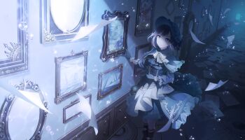 1girl :| absurdres black_gloves closed_mouth colorful_palette dress expressionless frilled_dress frills game_cg gloves grey_eyes highres minasoko_ni_kage_wo_sagashite_(project_sekai) official_alternate_costume official_art painting_(object) paper project_sekai purple_hair shinonome_ena solo third-party_source water_drop